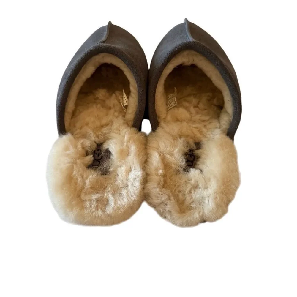 UGG Mens Gray Round Toe Sheepskin Suede Slip On Flat Slippers Size 9